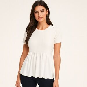 Ann Taylor LOFT Cream Ribbed Knit Babydoll Fit Short Sleeve Sweater Top - Small